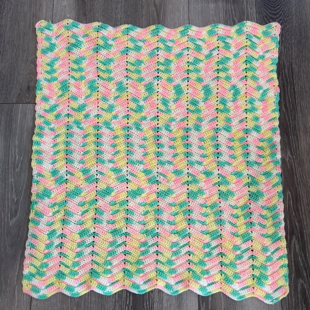 Handmade Crochet Baby Blanket Pastel Pink Yellow Green Chevron Ripple 34x29